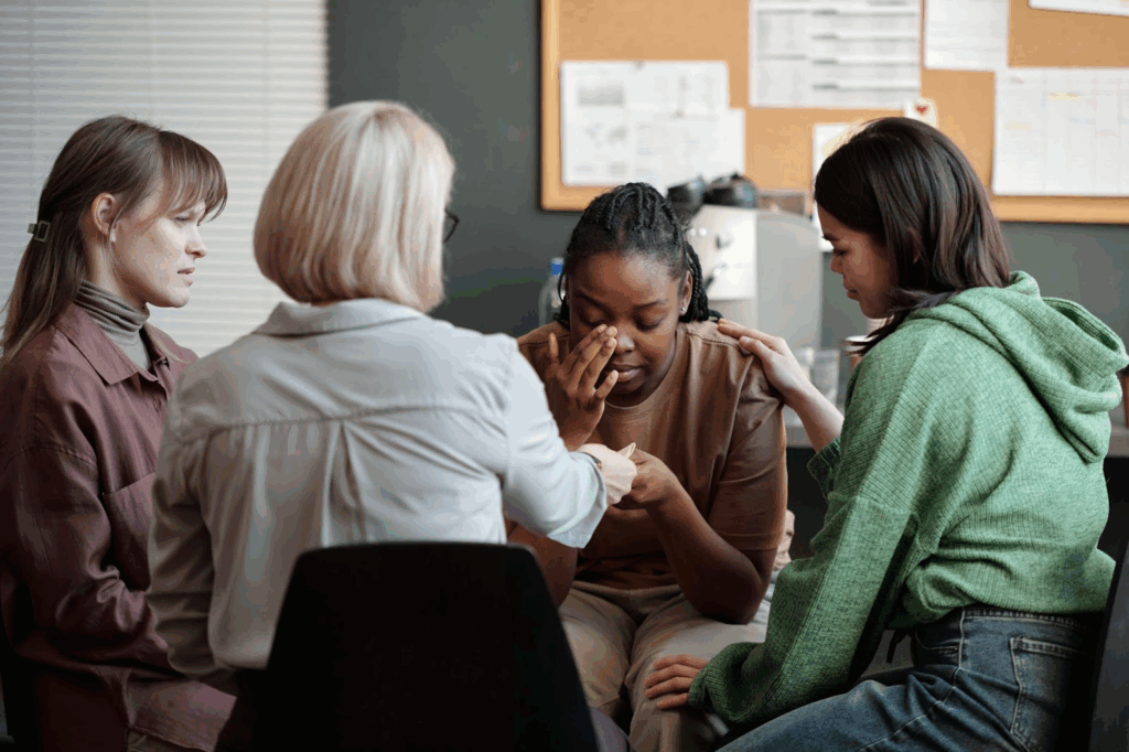 A group of girls comfort their peer during an adolescent therapy session.