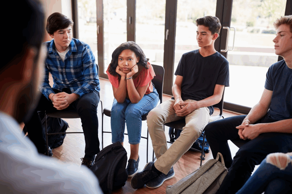 A group of teens undergo group adolescent therapy.
