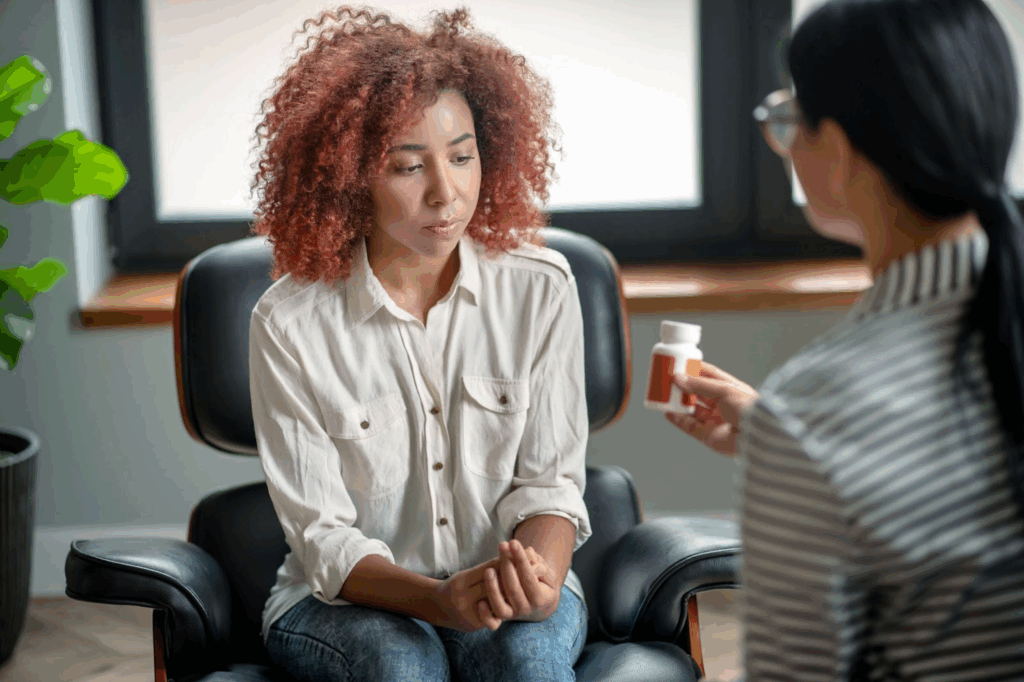 A therapist offers medication to her patient as a means of OCD treatment.